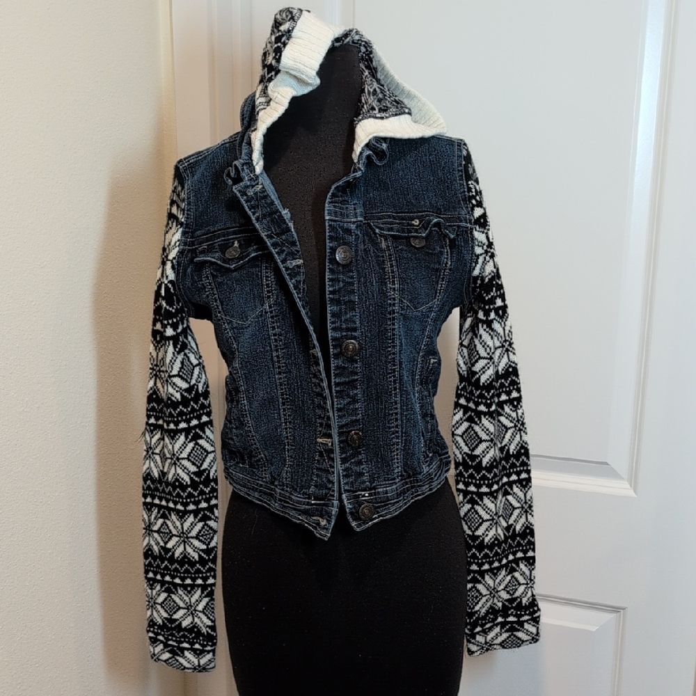 Wallflower Dark Blue Denim Jacket with Black and White Acrylic Hood and Sleeves